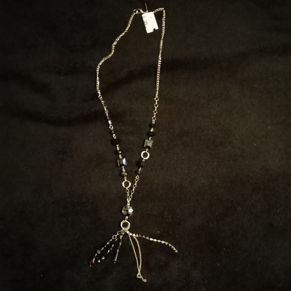 I.N.C. Silver Tassel Necklace with Jet Stones & Rhinestones NWT $39.50 #N2728